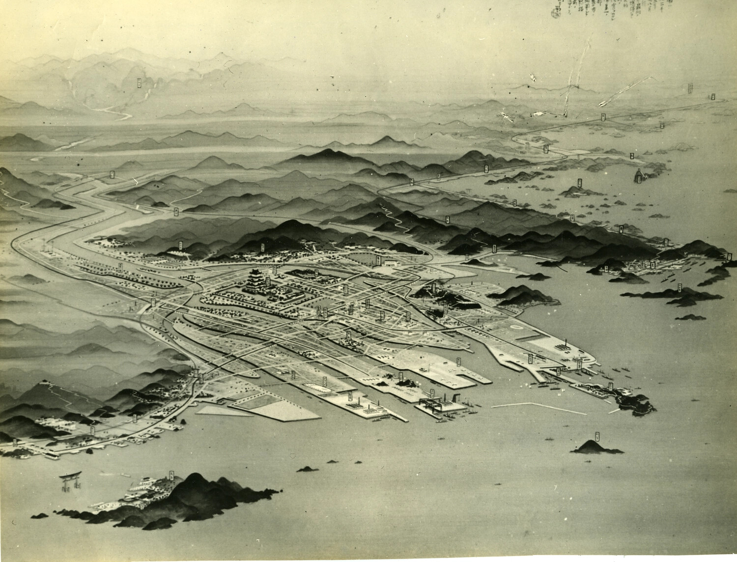Annotated Aerial Bird's-Eye View of a Japanese Coastal City with Numbered Target/Reference Markers, World War II