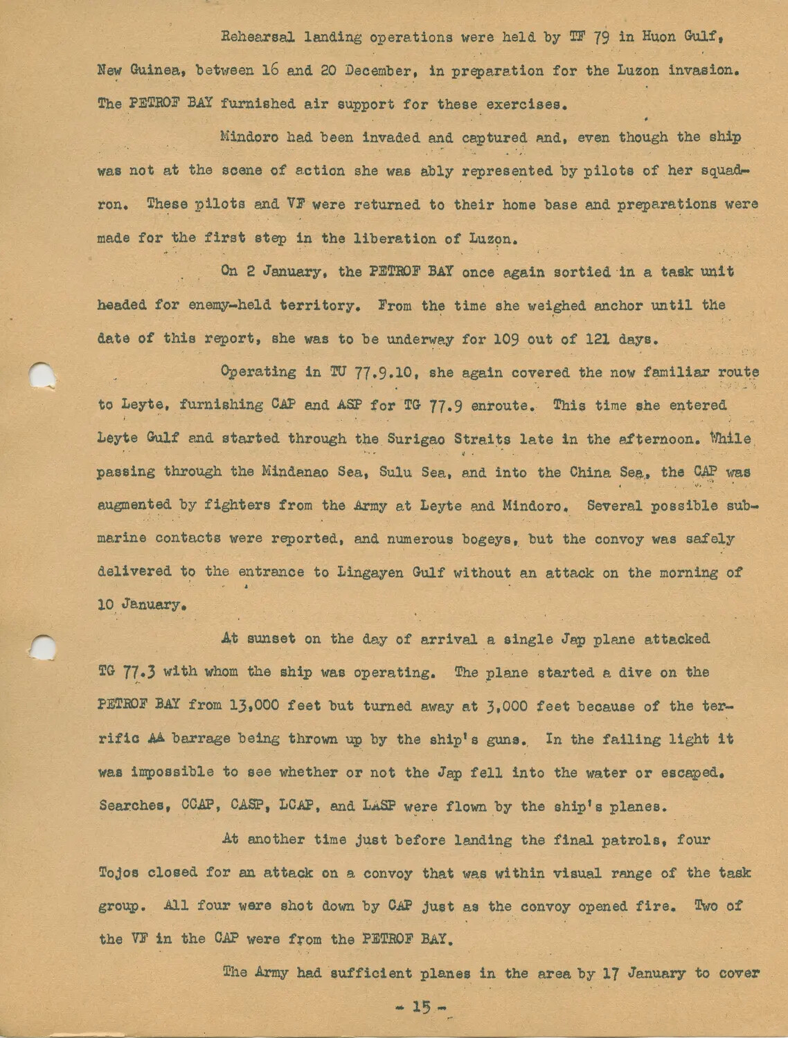 USS Petrof Bay (CVE-80) War History/Action Report, Page 15 – Luzon Campaign Operations, December 1944-January 1945