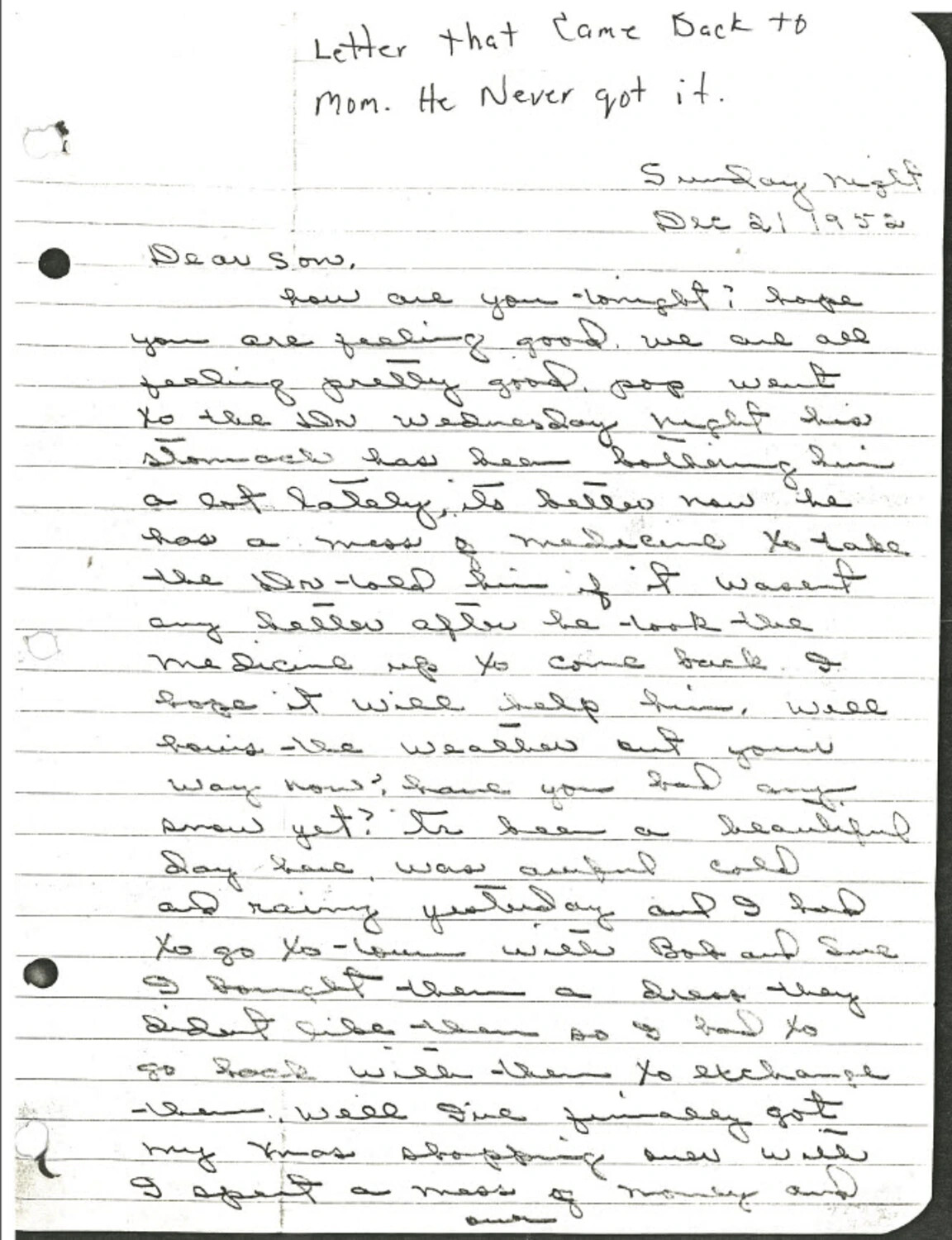 Undelivered Homefront Letter to a Korean War Serviceman, Dated December 21, 1952