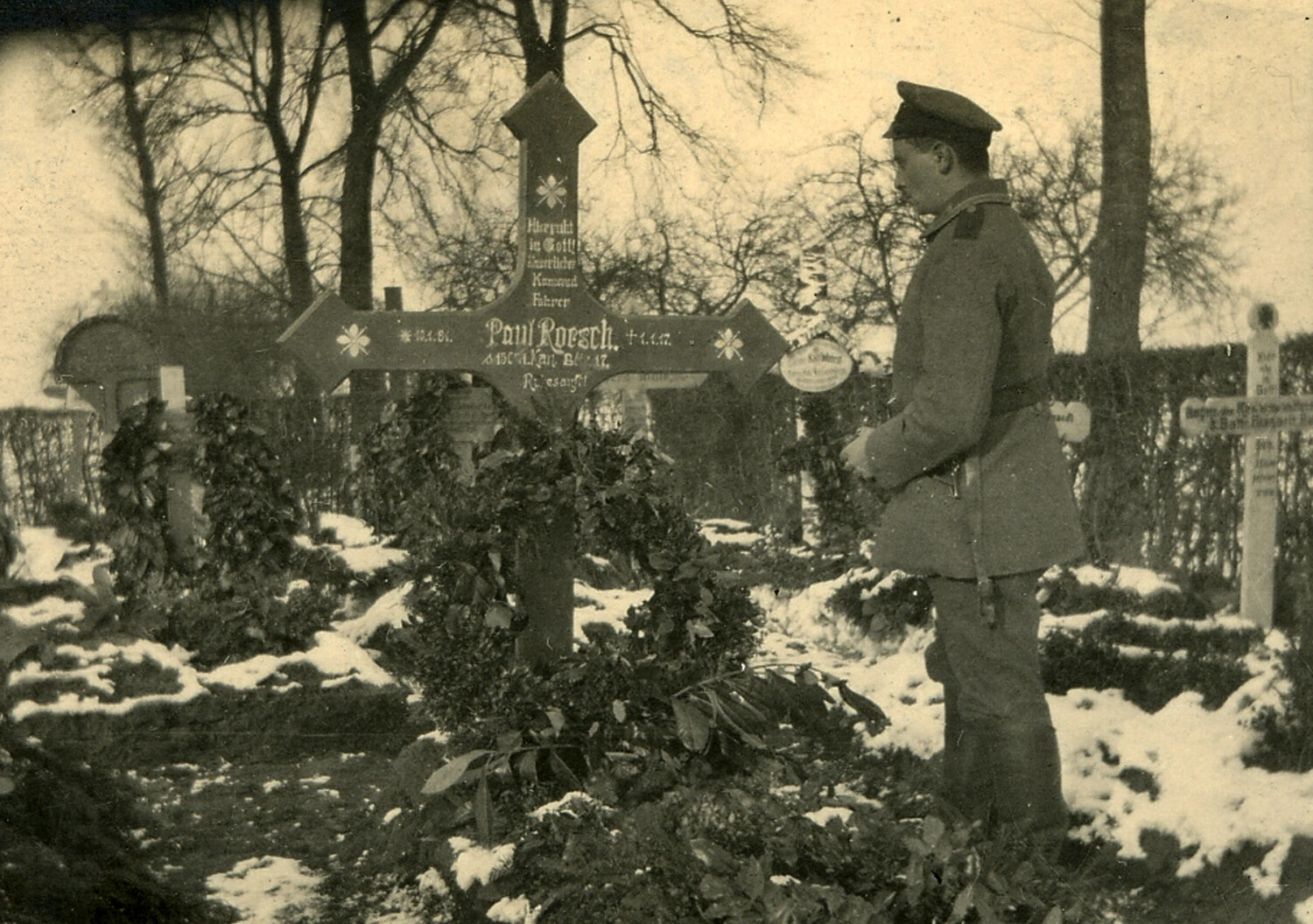 German Soldier at a Fallen Comrade's Grave, Military Cemetery, WWI