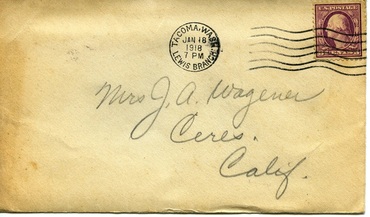 WWI Envelope Postmarked Camp Lewis (Tacoma, Washington), January 18, 1918, Addressed to Mrs. J. A. Wagener, Ceres, California