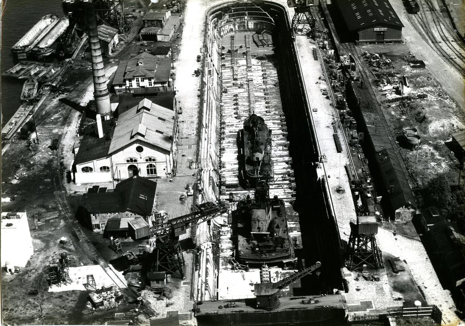 Aerial View of Kaiserdock Dry Dock, Bremerhaven Shipyard, Germany, World War II Era