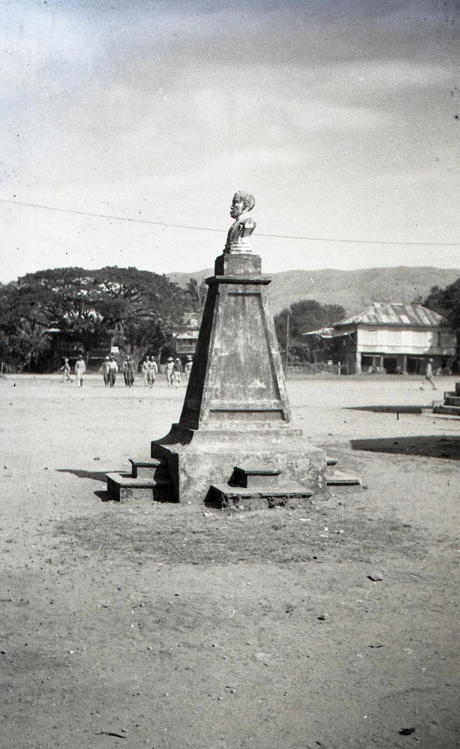 Town Plaza Monument (Rizal-style Bust) with Soldiers in Background, Luzon, Philippines, WWII Era