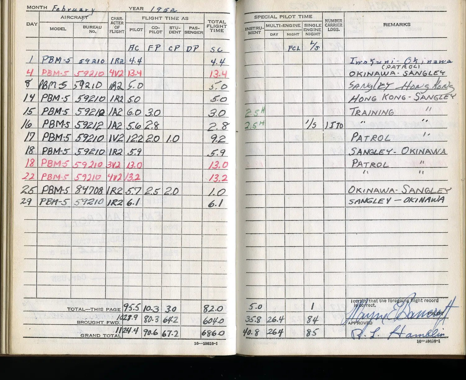 Lt. Bancroft's Naval Aviator Flight Logbook, February 1958 (PBM-5 Patrol Squadron Operations)