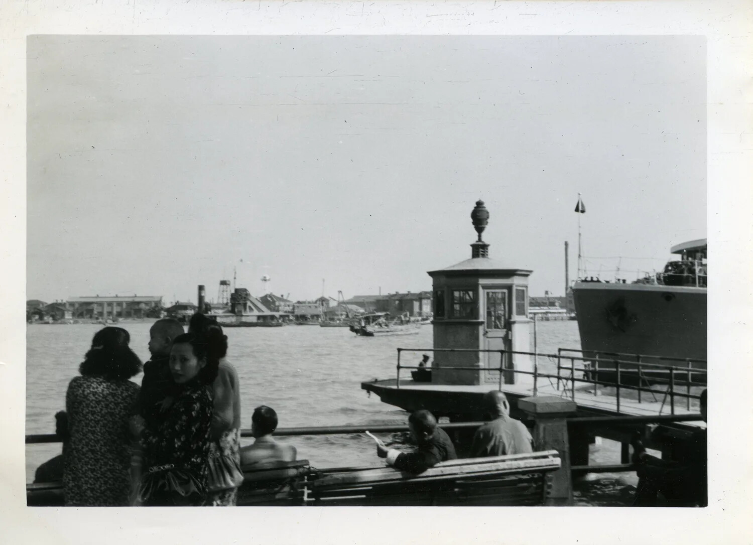 Civilians on Harbor Pier with Naval Vessel, VR-6 Naval Air Transport Squadron Album