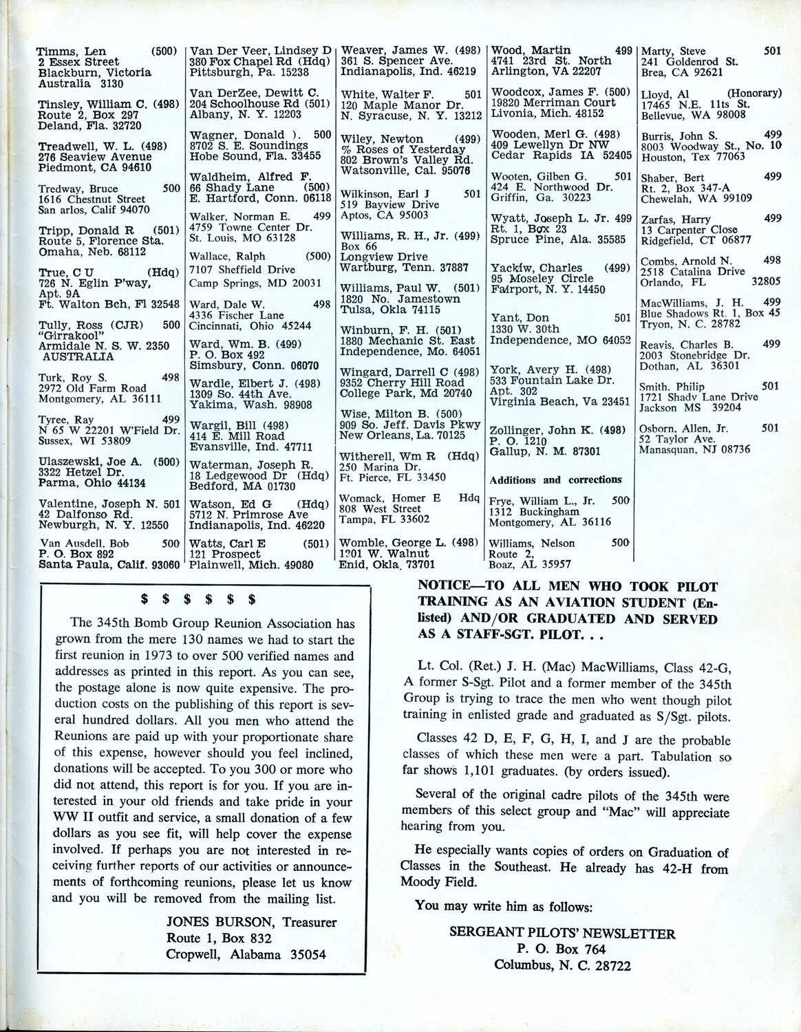 345th Bombardment Group Association Roster Conclusion, Treasurer's Notice, and Sergeant Pilots Newsletter Appeal - Air Apache Journal, 1979