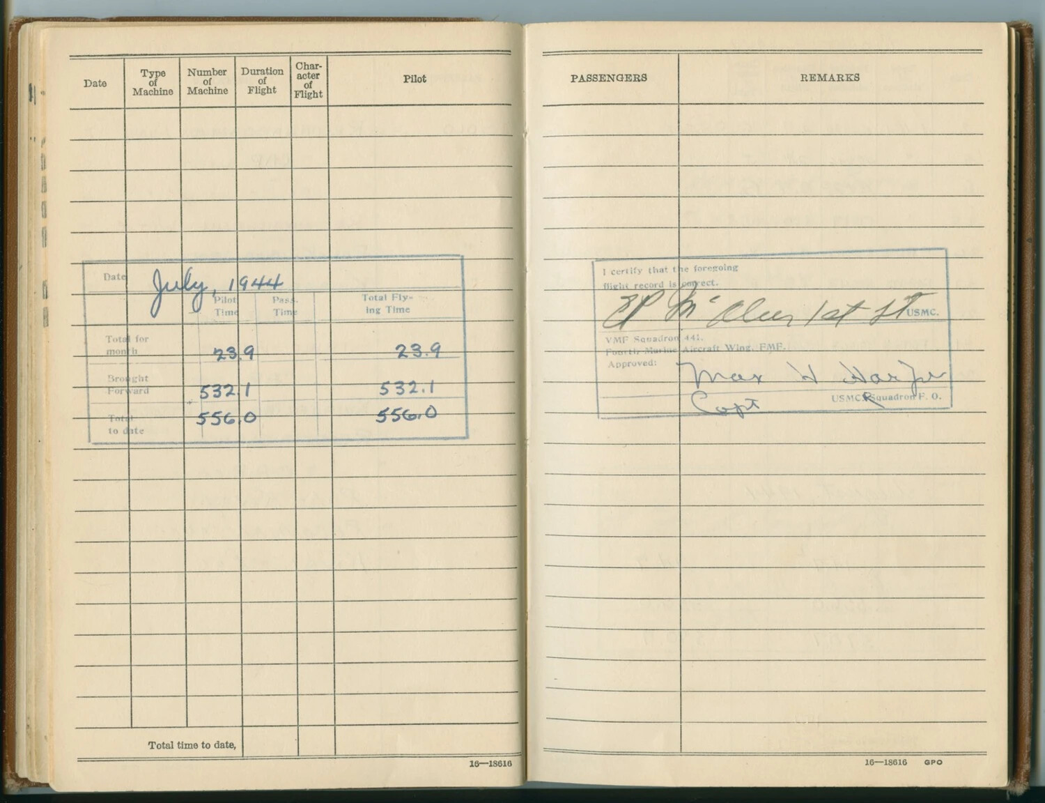 Marine Aviator's Flight Log Book, Monthly Summary for July 1944 - VMF Squadron 441, Pat McAleer Collection