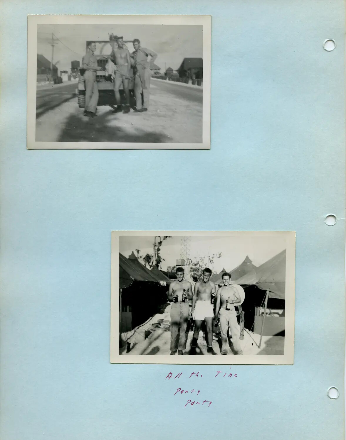 Album Page: Servicemen with Jeep and Tent Camp Party Scene, Pacific Theater, WWII