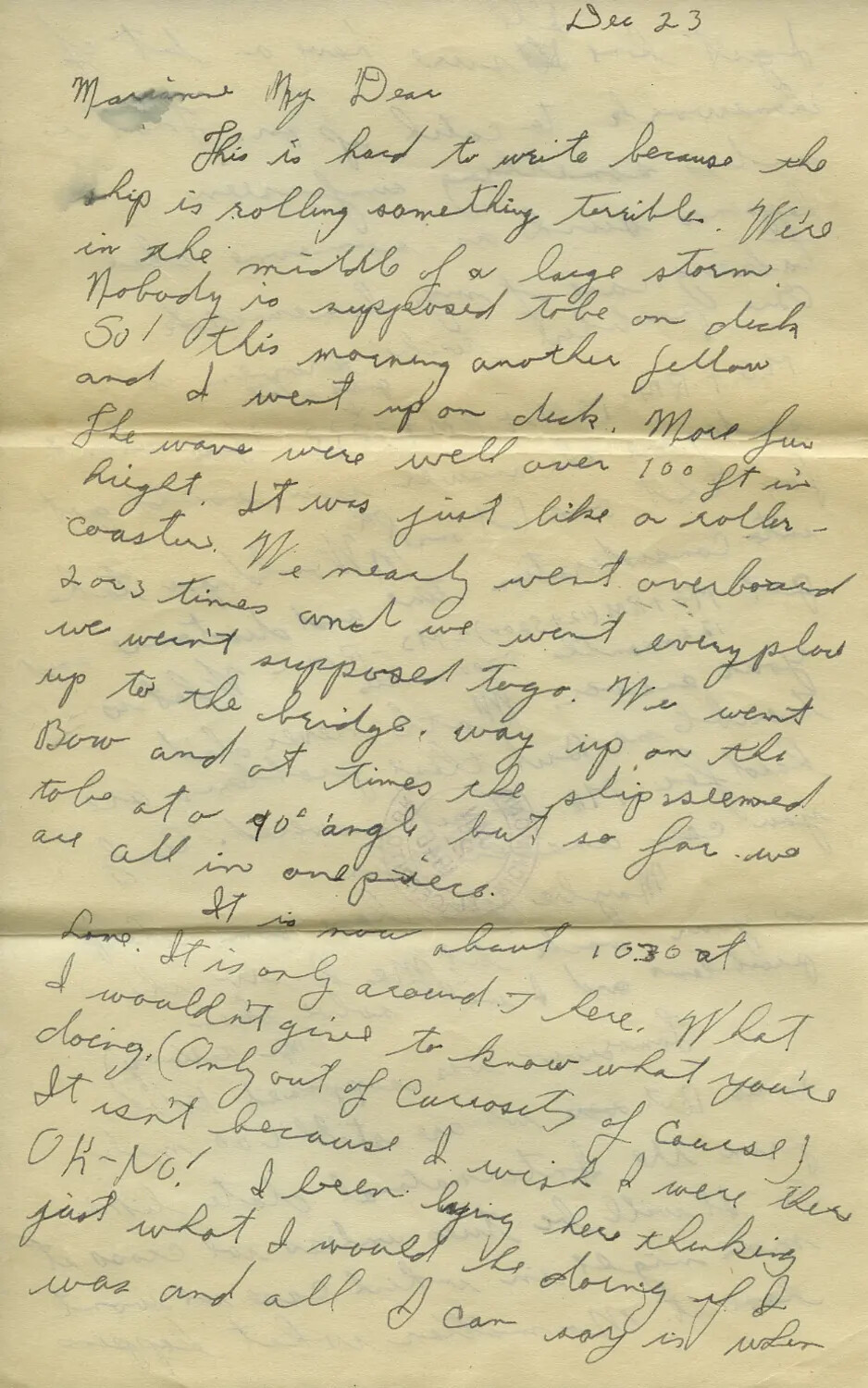 Handwritten Letter, 'Dec 23,' Describing a Storm at Sea, Addressed to 'Marianne My Dear' — Moon/Sammiet Family Letters Collection
