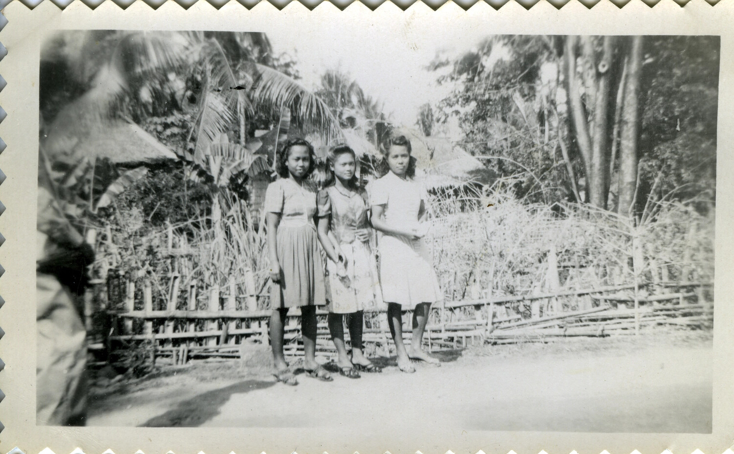 Three Local Women by a Bamboo Fence in a Pacific Village, WWII Era