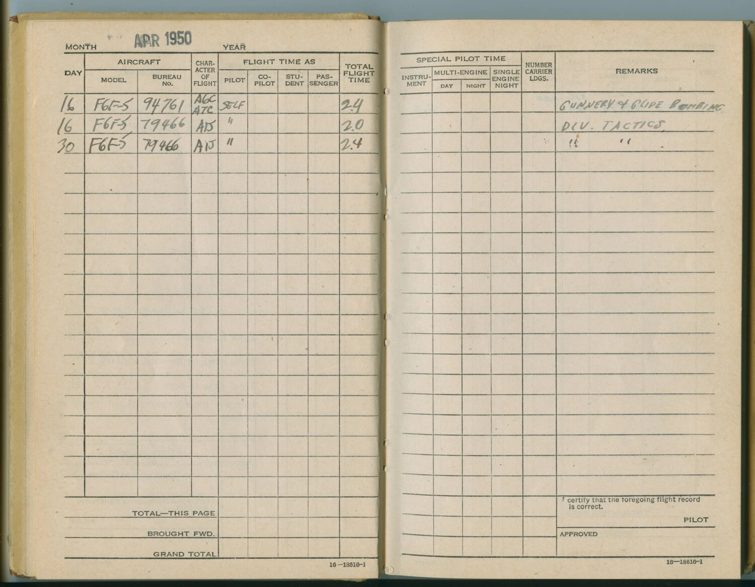 Naval Aviator's Flight Logbook, April 1950 — F6F-5 Hellcat Training Entries, Pat McAleer Collection