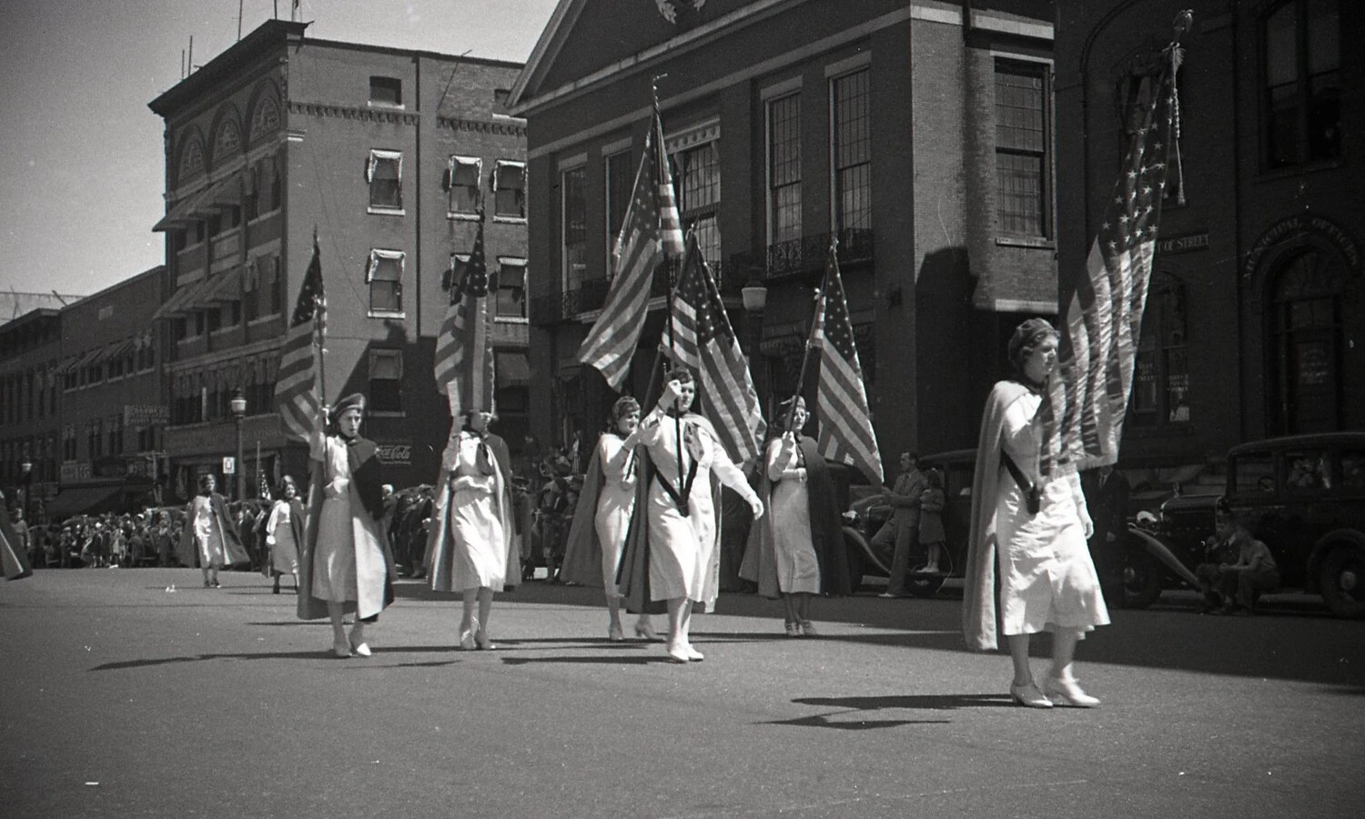Women's Auxiliary Unit Marching with American Flags, Boston Civic Parade, c. 1940s
