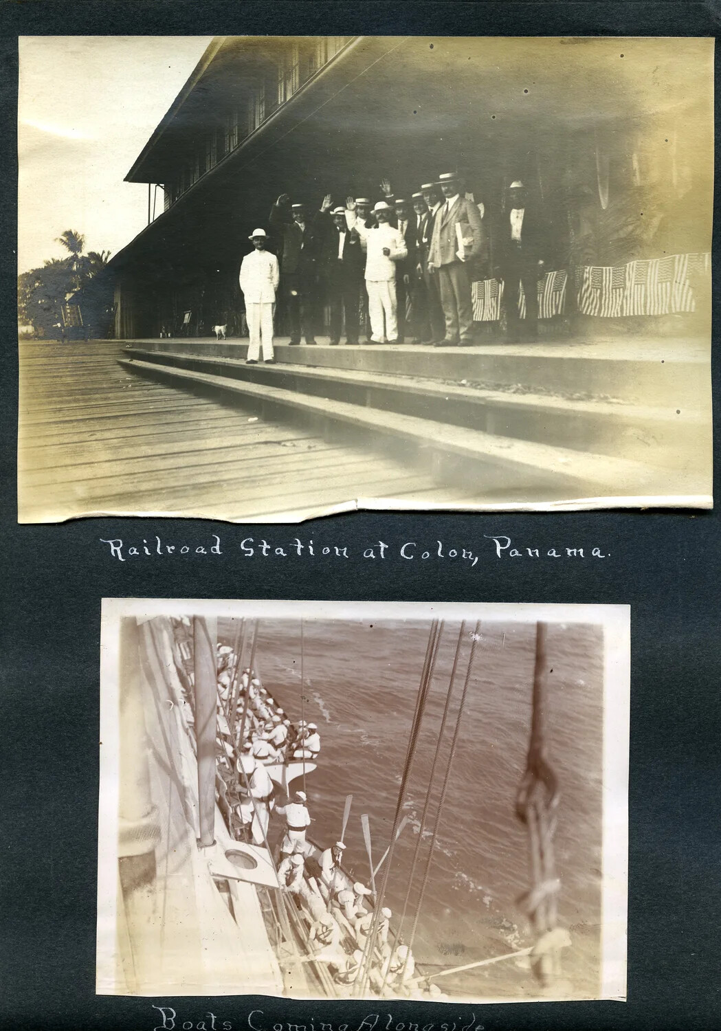 Album Page: 'Railroad Station at Colon, Panama' and 'Boats Coming Alongside' - USS Columbia Album