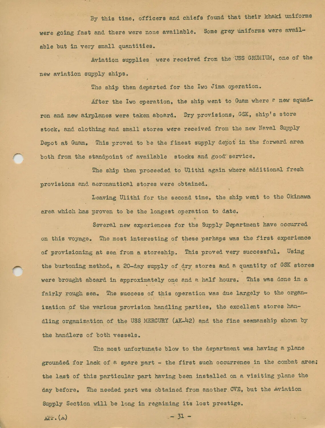 USS Petrof Bay (CVE-80) War History Narrative, Appendix A, Page 31 - Supply Operations During Iwo Jima and Okinawa Campaigns