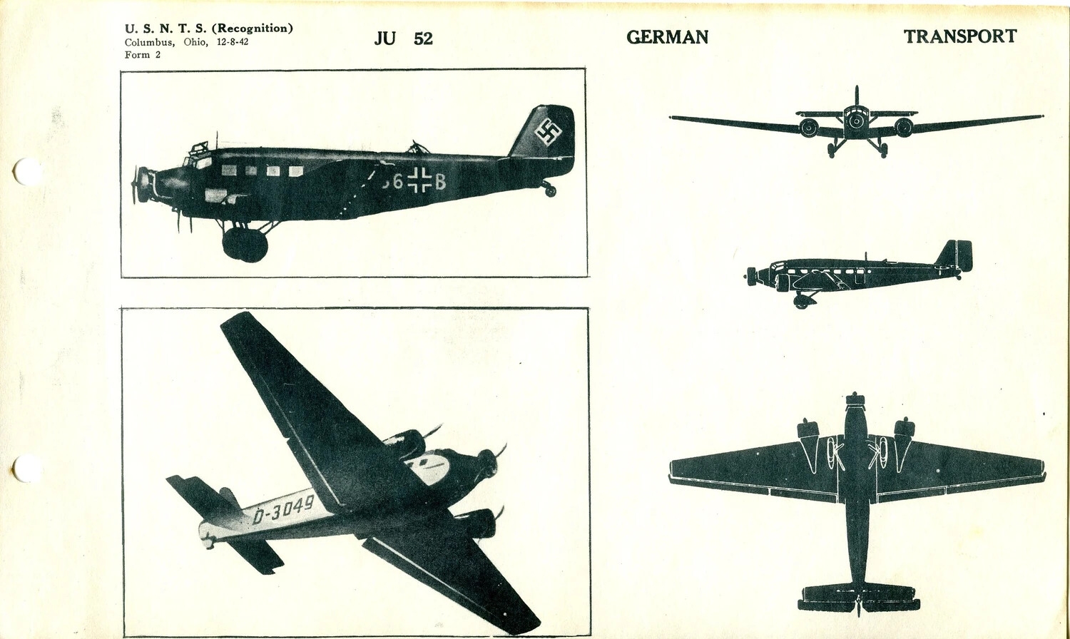 USNTS Aircraft Recognition Training Card: Junkers JU 52, German Transport (Form 2, 12-8-42)