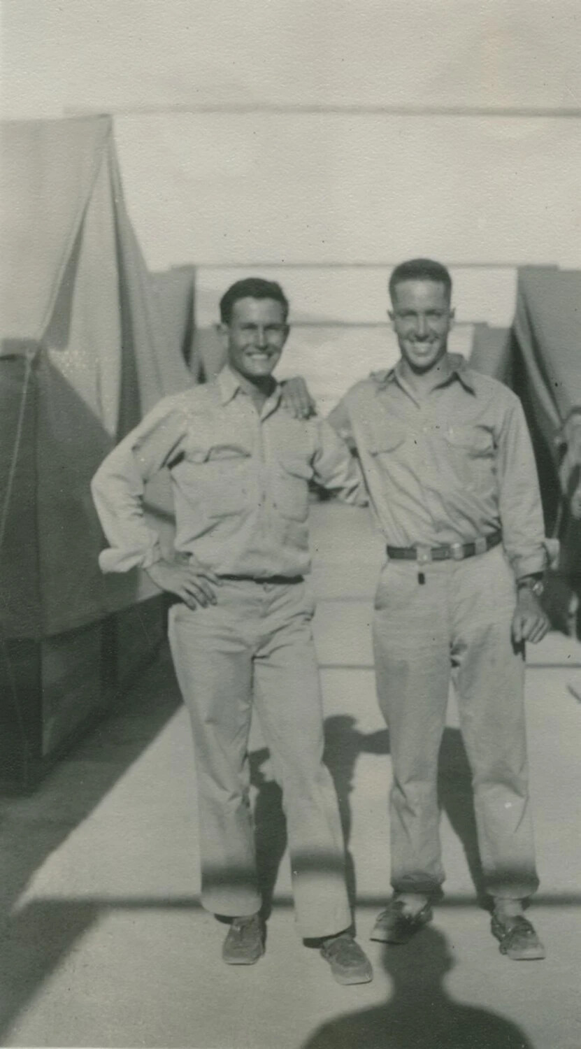 Two Servicemen Posing Together at a Tent Camp, Pat McAleer Collection, WWII Era