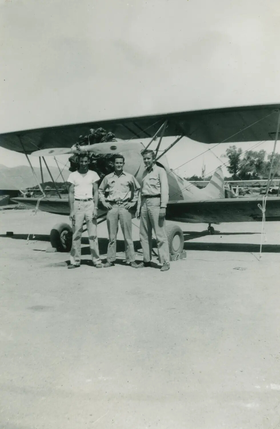Three Young Men with Biplane Trainer Aircraft, Edward P. McAleer Collection