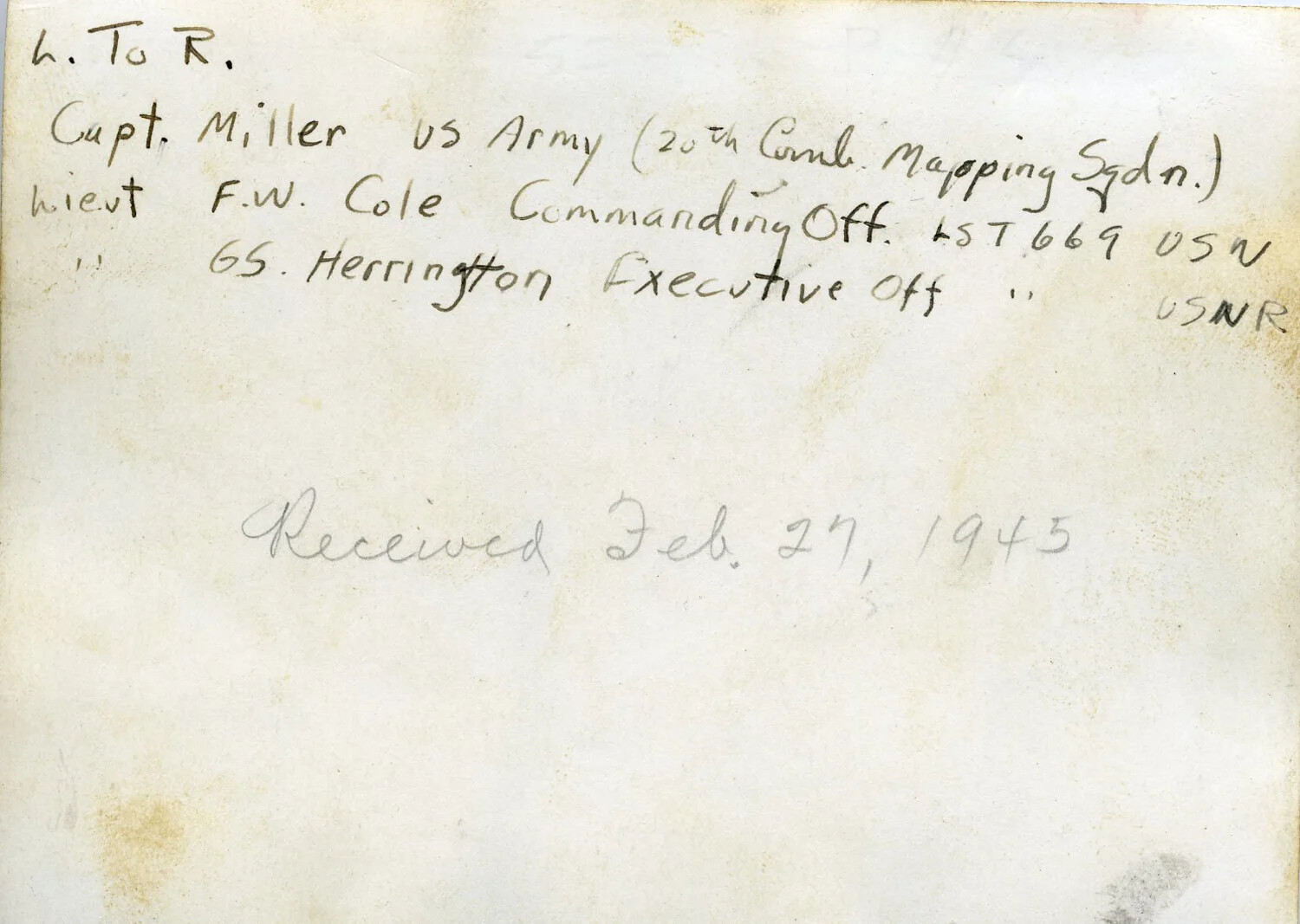 Verso Caption Card: Identification of Officers Photographed Aboard LST-669, Received 27 February 1945