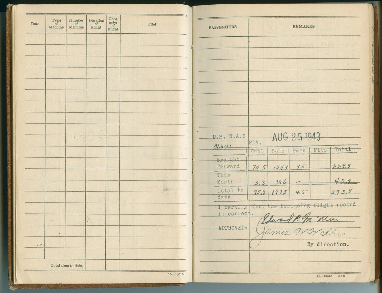 Edward P. McAleer Naval Aviator Flight Logbook, U.S. N.A.S. Miami, August 1943