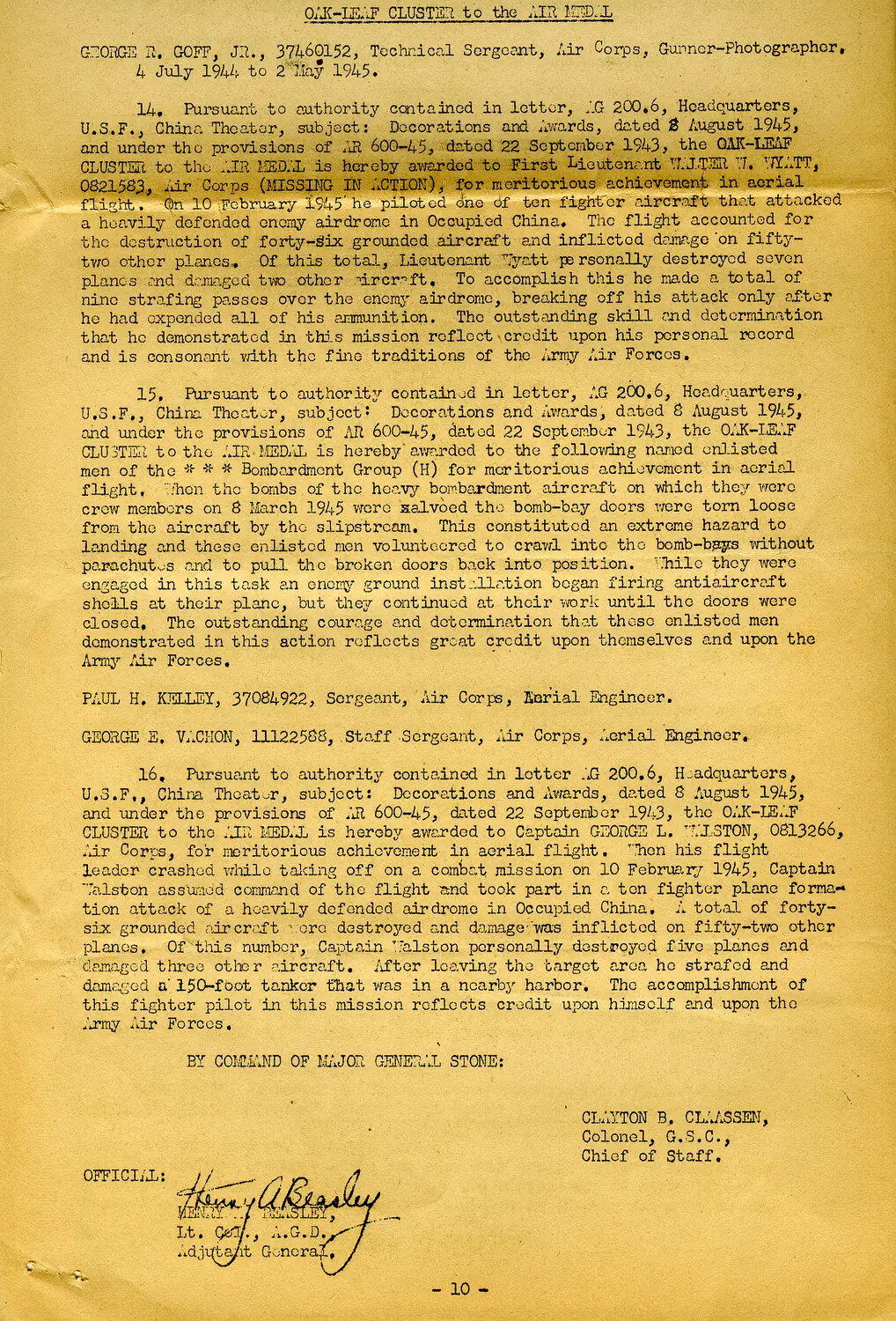 General Order: Oak-Leaf Cluster to the Air Medal, Headquarters U.S. Forces China Theater, 1945