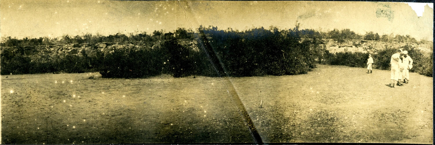 Panoramic View of Sailors on Shore Excursion, Tropical Anchorage, U.S. Navy Album, c. 1898-1910