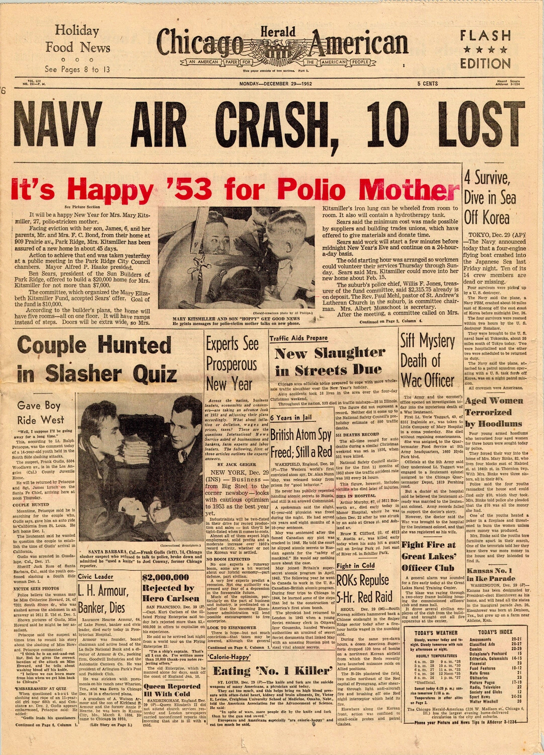 Chicago Herald-American Front Page, 'Navy Air Crash, 10 Lost,' December 29, 1952 (Korean War Era)