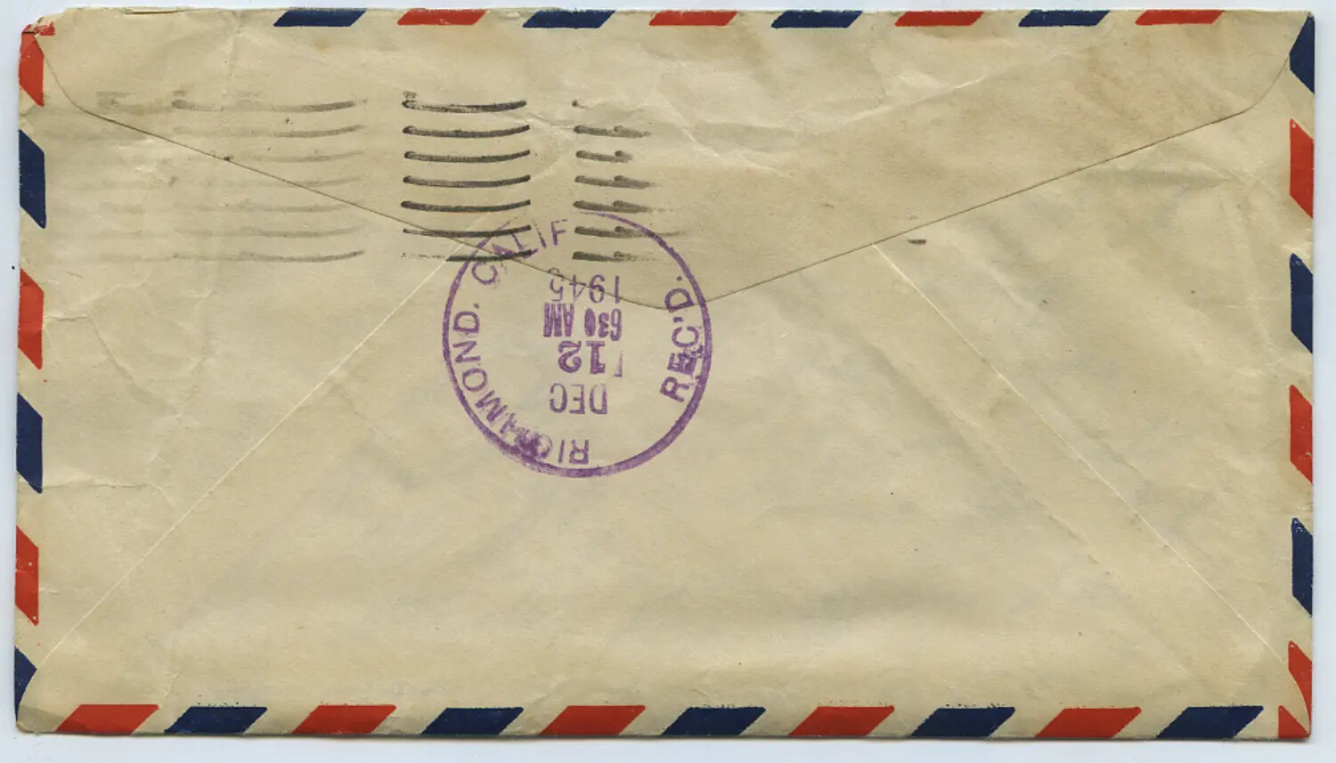 Reverse of WWII Airmail Envelope with Richmond, California Postal Receiving Stamp, December 1945