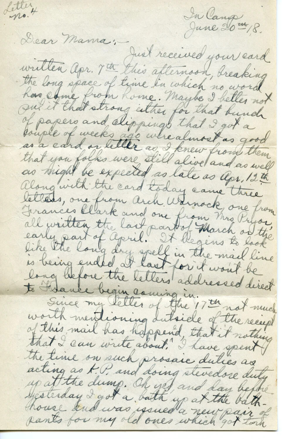 WWI Letter No. 4 from Pvt. Willis W. Wagener to His Mother, 'In Camp,' June 20, 1918