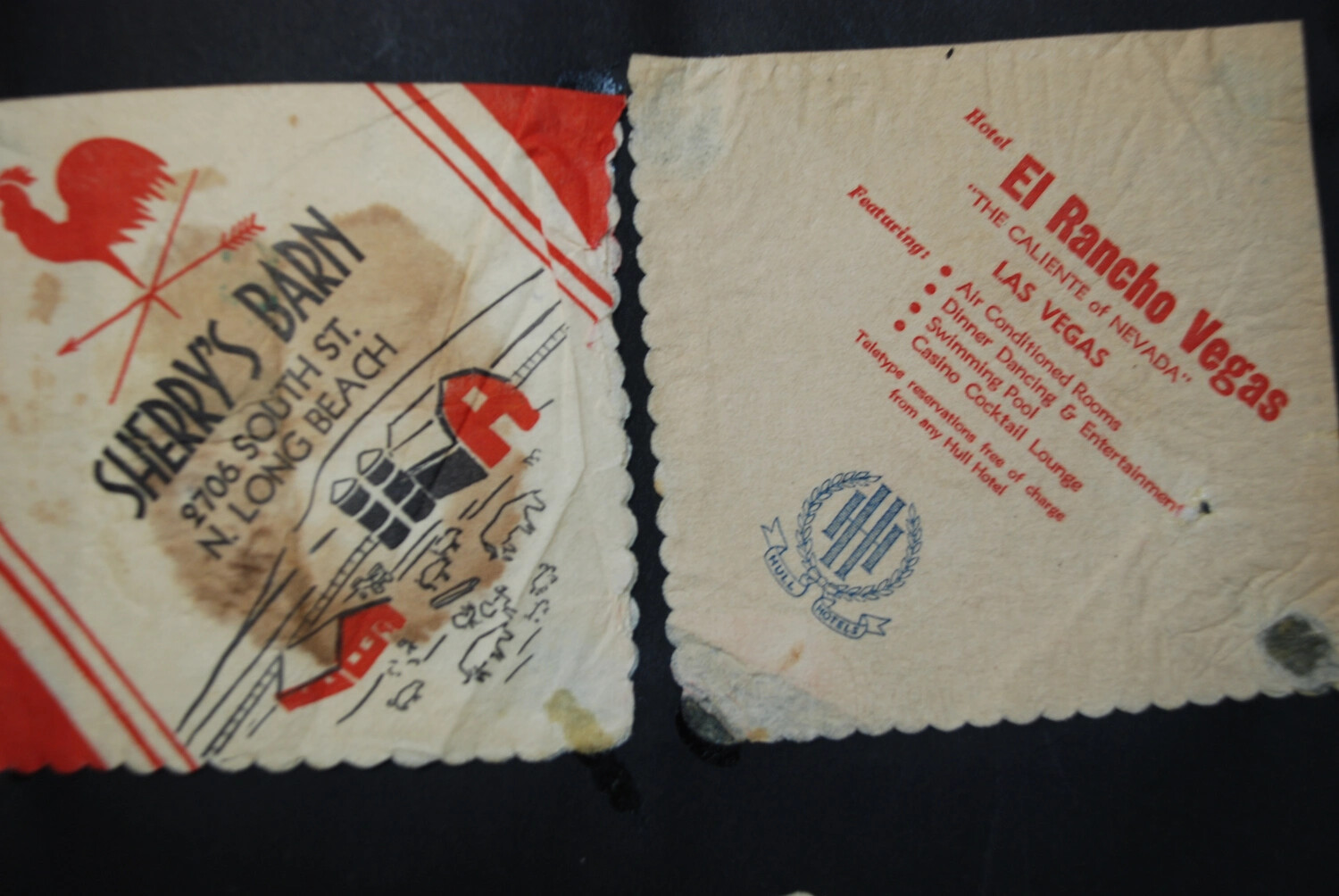 Souvenir Napkins, Sherry's Barn (Long Beach) and Hotel El Rancho Vegas (Las Vegas), WWII-Era Photo Album (Cushman Collection)