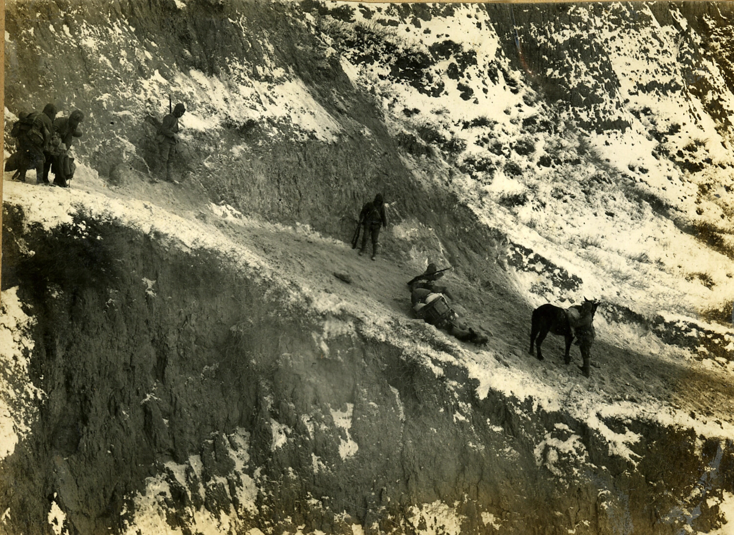Japanese Soldiers and Pack Horse Traversing a Snow-Covered Mountain Slope, Winter Campaign
