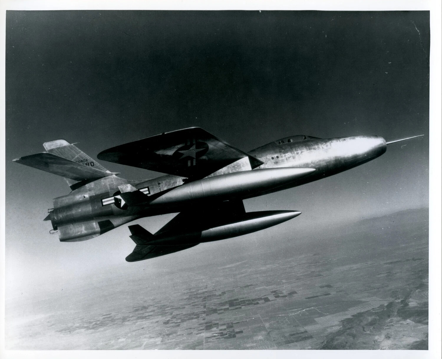 Republic F-84 Thunderjet in Banking Flight Over Farmland