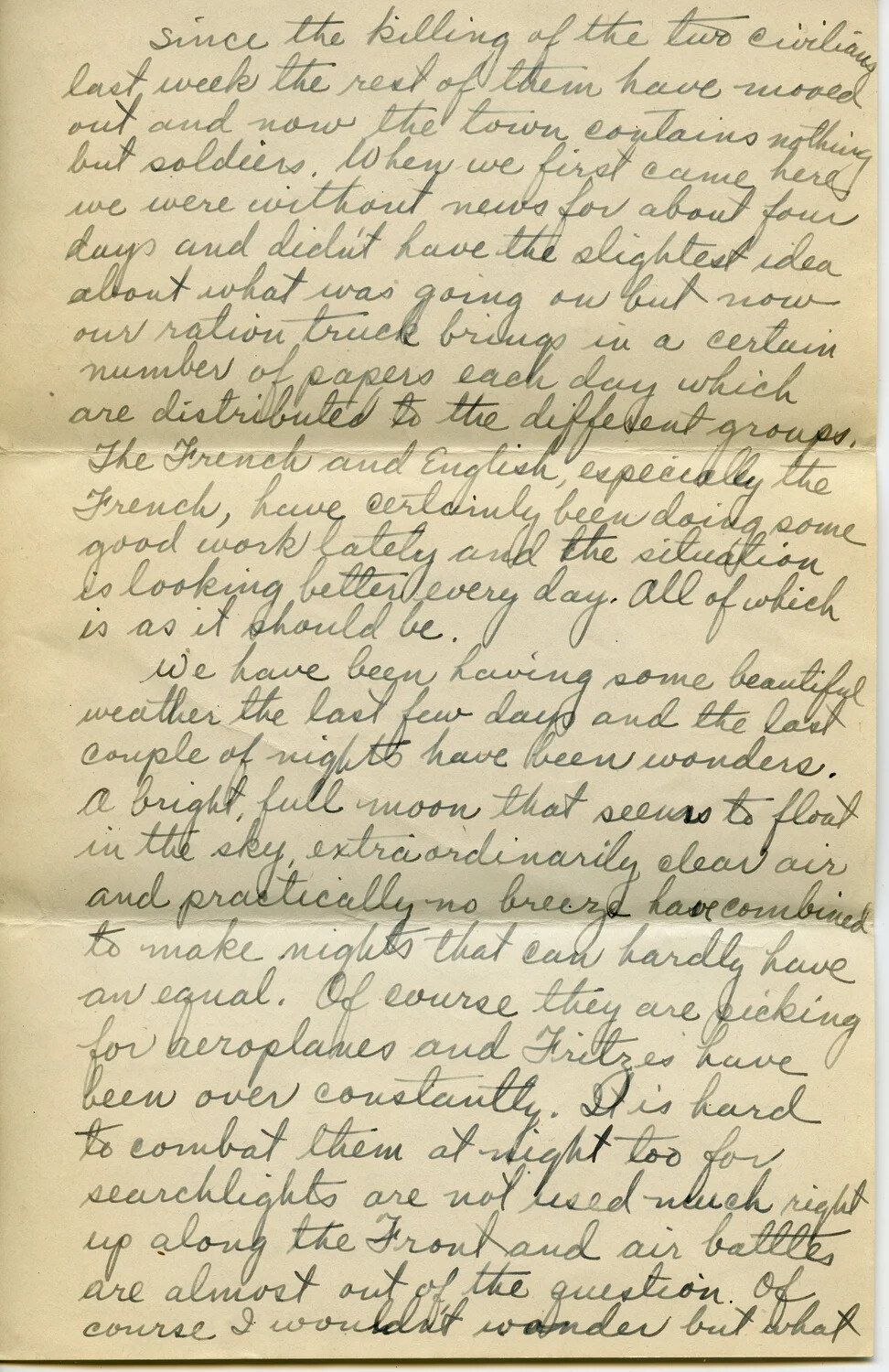 WWI Handwritten Letter, Pvt. Willis W. Wagener - Letter 14, Page F: Front-Line Conditions, Civilian Evacuation, and Night Air Raids