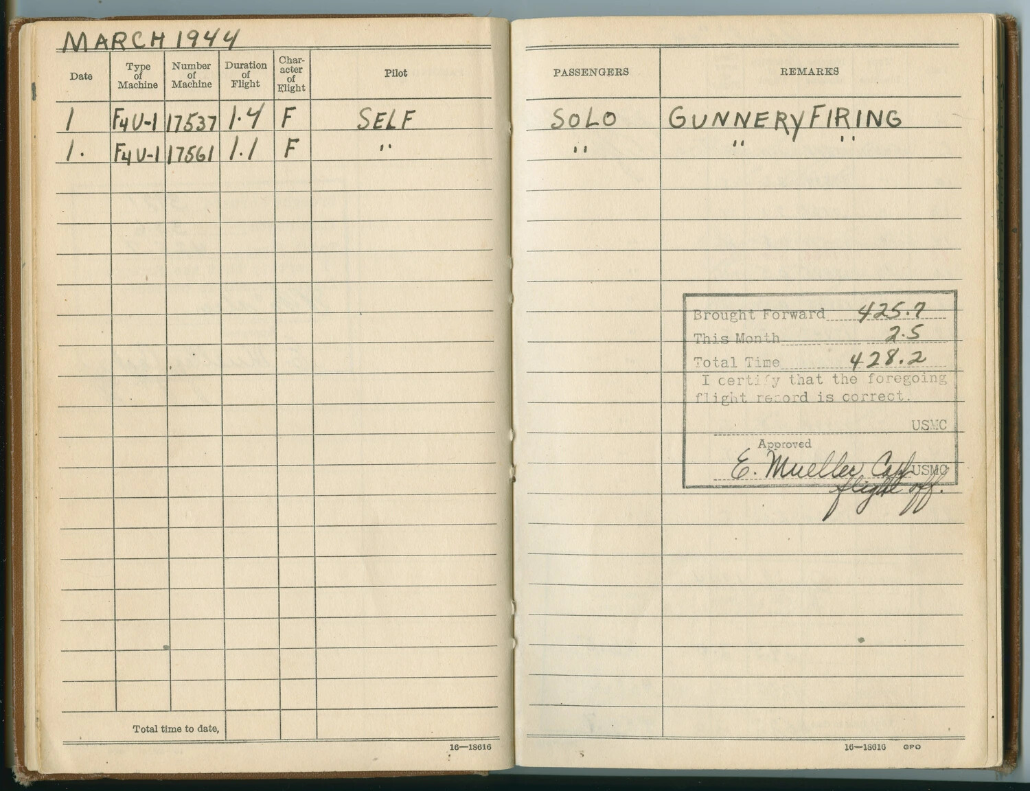 USMC Aviator's Flight Logbook, March 1944 — F4U-1 Corsair Gunnery Training Entries
