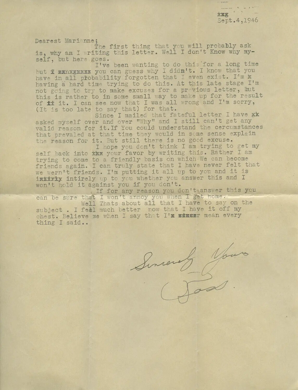 Typewritten Personal Letter to "Dearest Marianne," Dated September 4, 1946