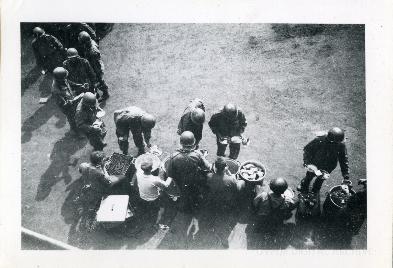 Aerial View of American Soldiers in Chow Line, Field Encampment, WWII European Theater