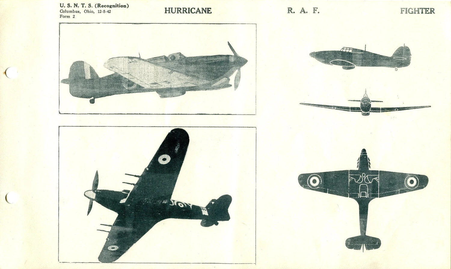 U.S.N.T.S. Aircraft Recognition Manual Page: Hawker Hurricane (R.A.F. Fighter), Columbus, Ohio, December 8, 1942
