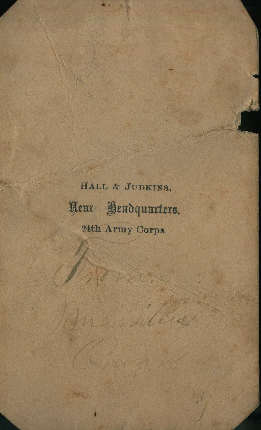 Reverse of Carte de Visite with 'Hall & Judkins, Near Headquarters, 24th Army Corps' Imprint and Faint Handwritten Inscription