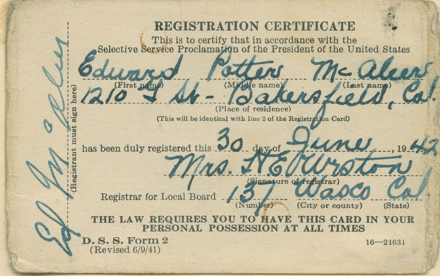 WWII Selective Service Registration Certificate (D.S.S. Form 2) -- Edward Potter McAleer, Bakersfield, California, 1942