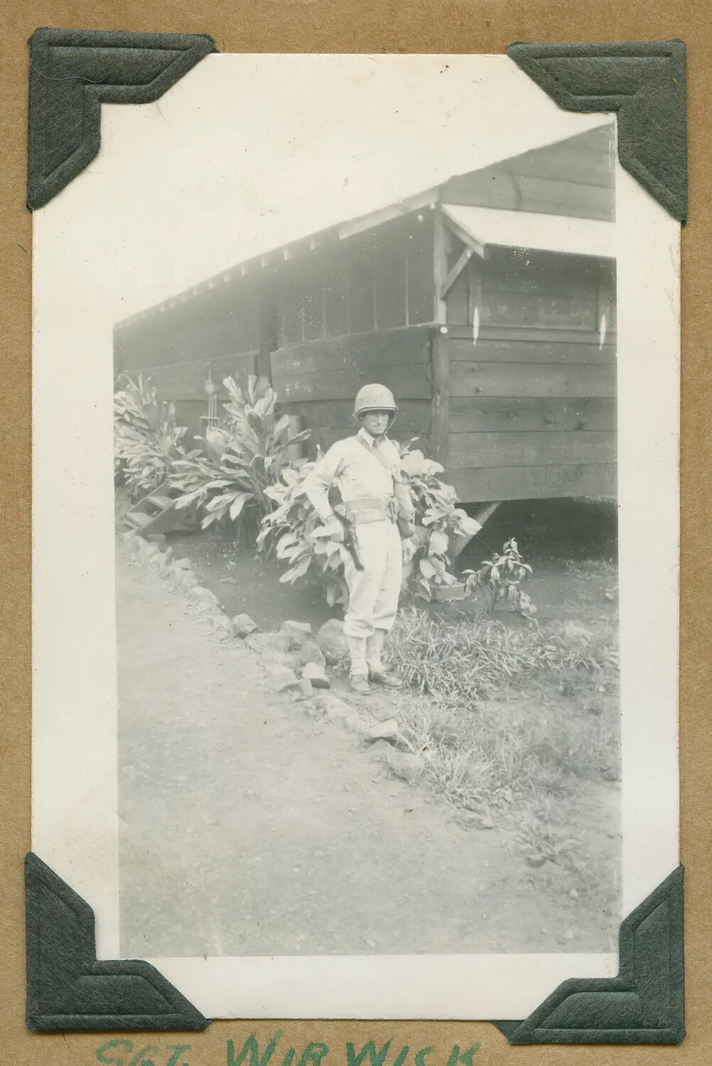 Portrait of Sgt. Warwick in Helmet and Sidearm, Schofield Barracks, Oahu, Hawaii Territory, WWII Era