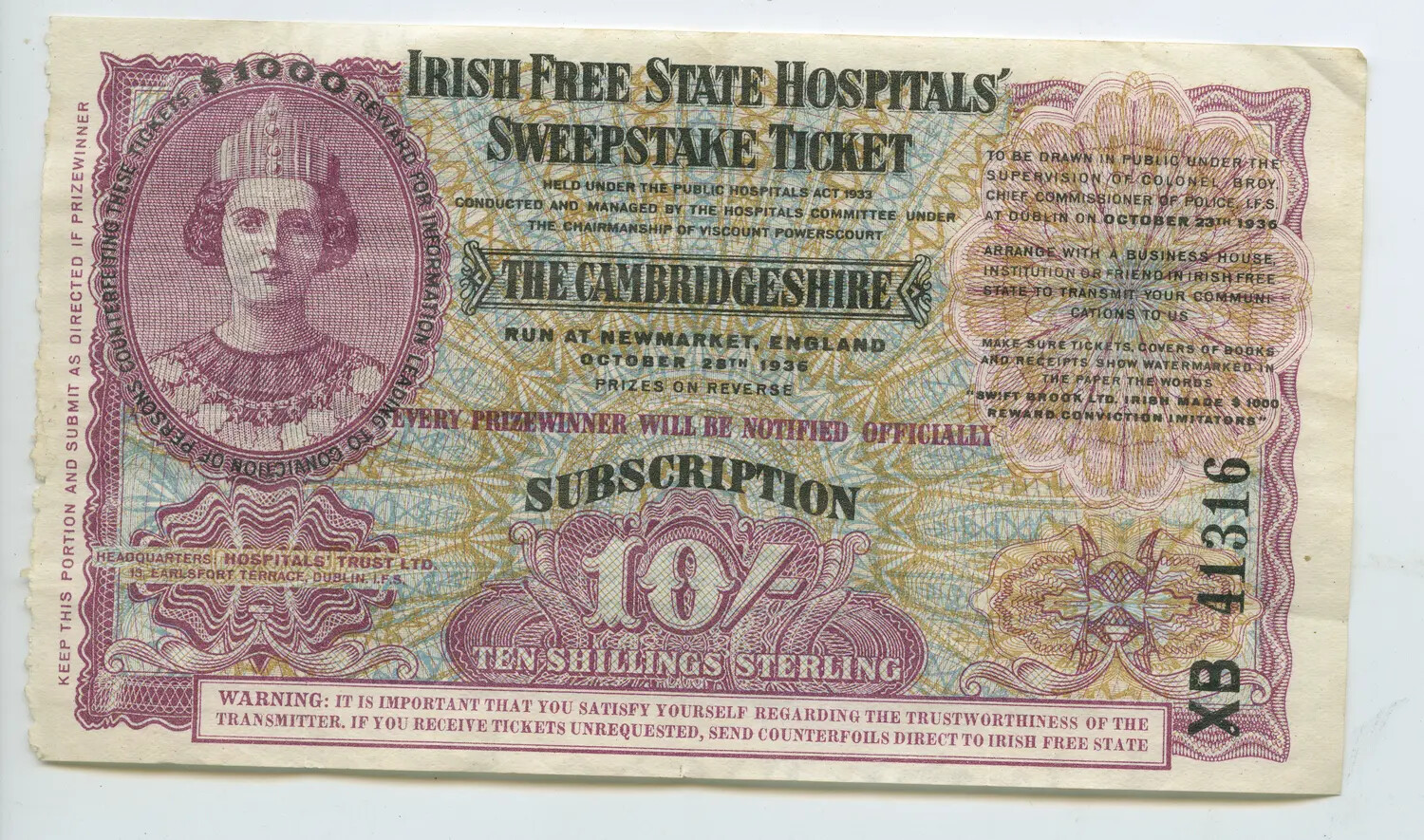 Irish Free State Hospitals' Sweepstake Ticket, 'The Cambridgeshire,' Newmarket, October 1936