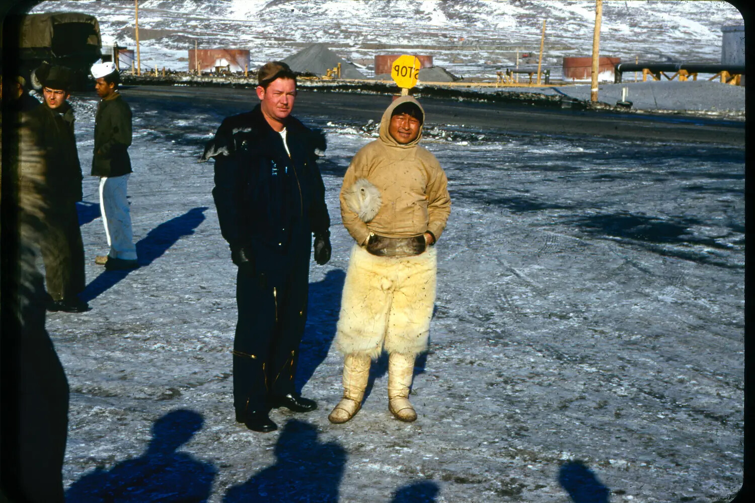 USAF Serviceman with Local Greenlandic Man in Traditional Fur Clothing, Thule Air Base, Greenland, circa 1950-1955