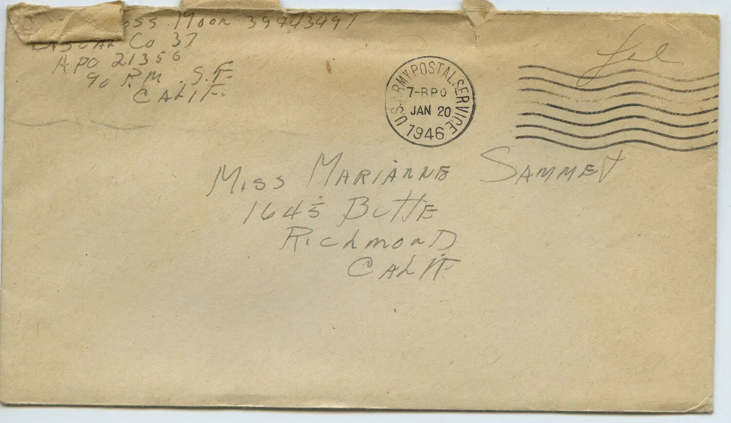 WWII-Era Military Mail Envelope, Moon to Miss Marianne Sammet, APO San Francisco, January 20, 1946