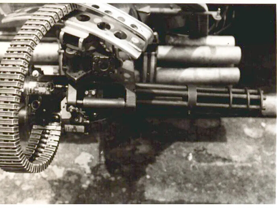 Close-Up of Aircraft Rotary Cannon/Gun Assembly with Ammunition Belt (Black and White)