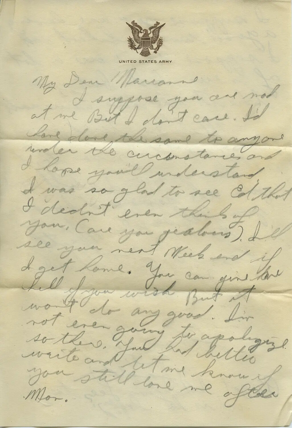 Handwritten Personal Letter to 'Marianne' on U.S. Army Letterhead, WWII Moon/Sammiet Collection