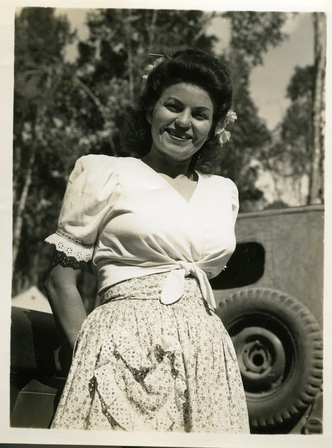 Portrait of a Woman Visitor Beside Military Vehicle, Myitkyina, Burma, WWII CBI Theater