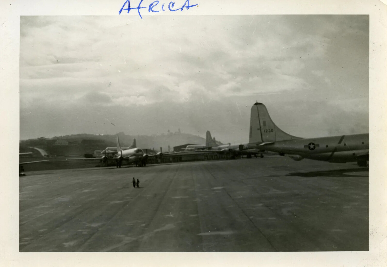 Transient Four-Engine Military Aircraft on Airfield Ramp, Transatlantic Ferry Route Stop (Azores/North Africa), Early 1950s