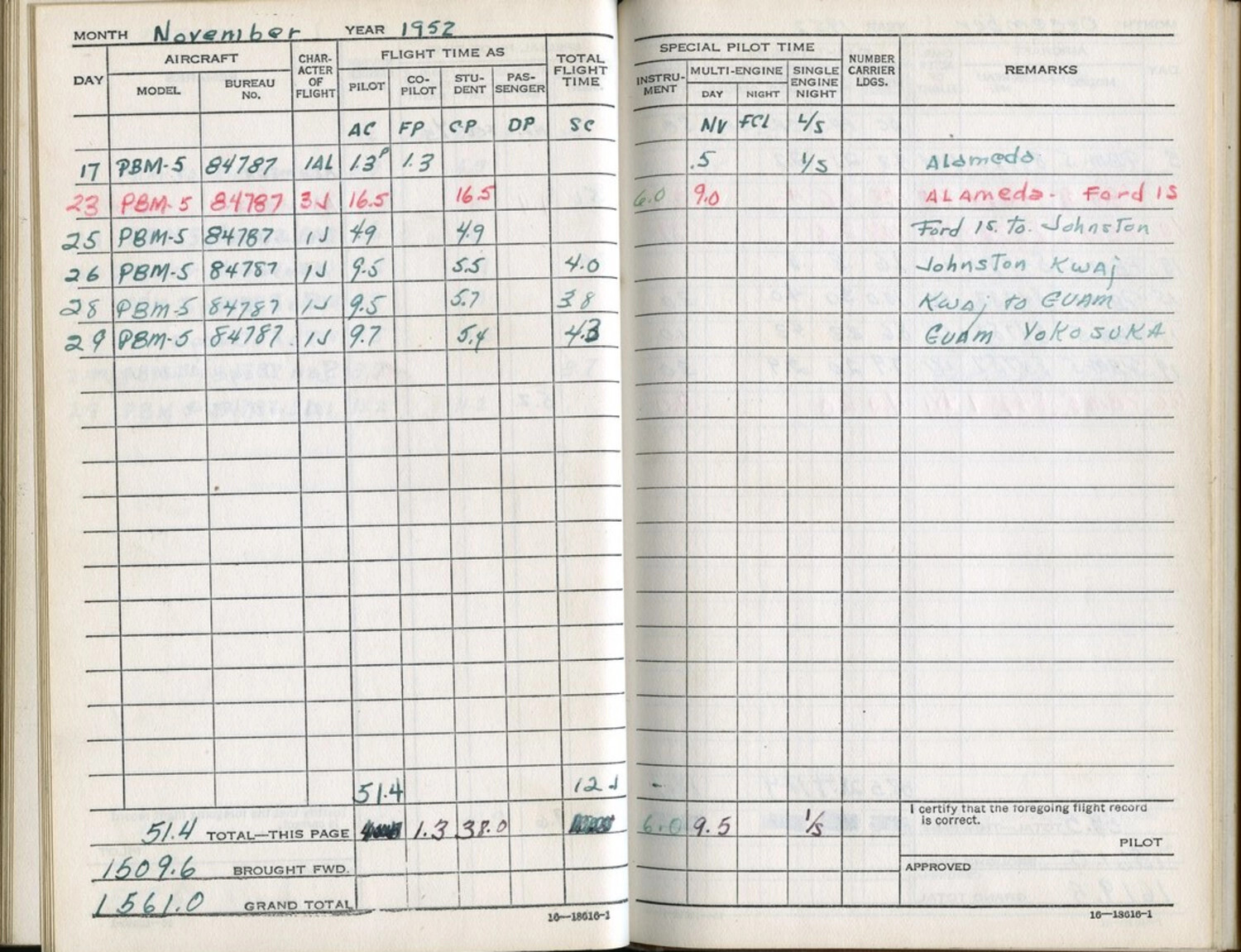 U.S. Navy Pilot Logbook Page, Lt. Bancroft, November 1952 (PBM-5 Mariner, Korean War Era)