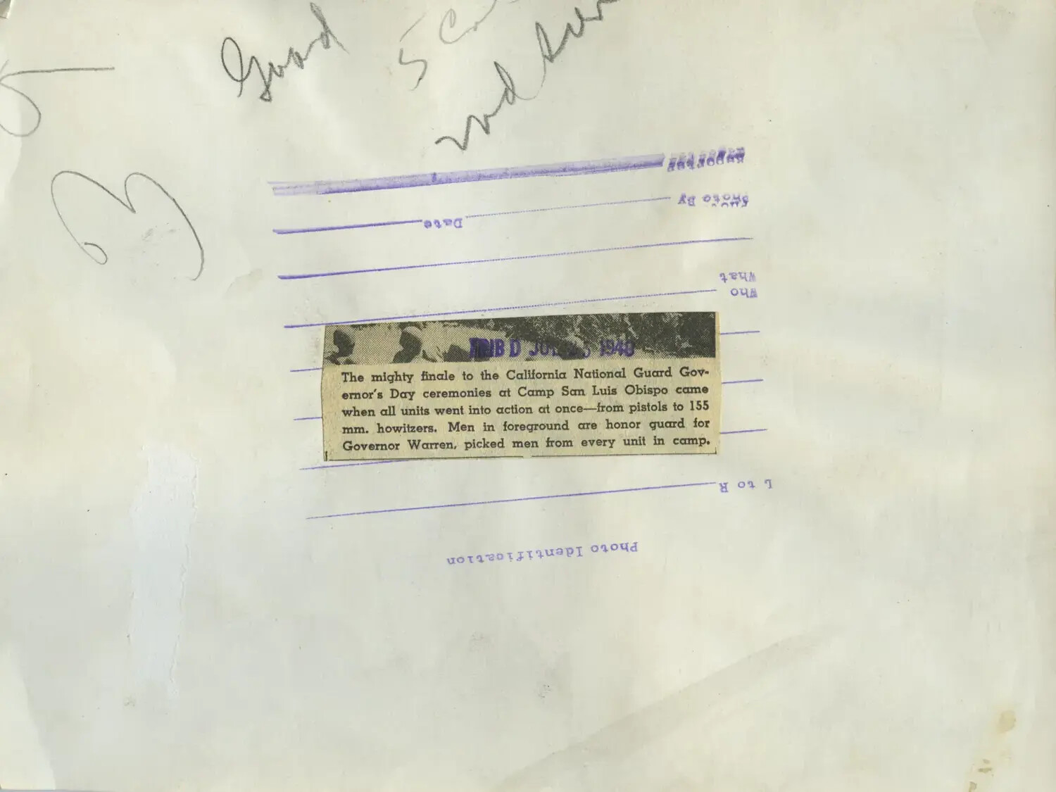 Verso of Press Photograph: California National Guard Governor's Day Artillery Finale Caption, Camp San Luis Obispo, 1948