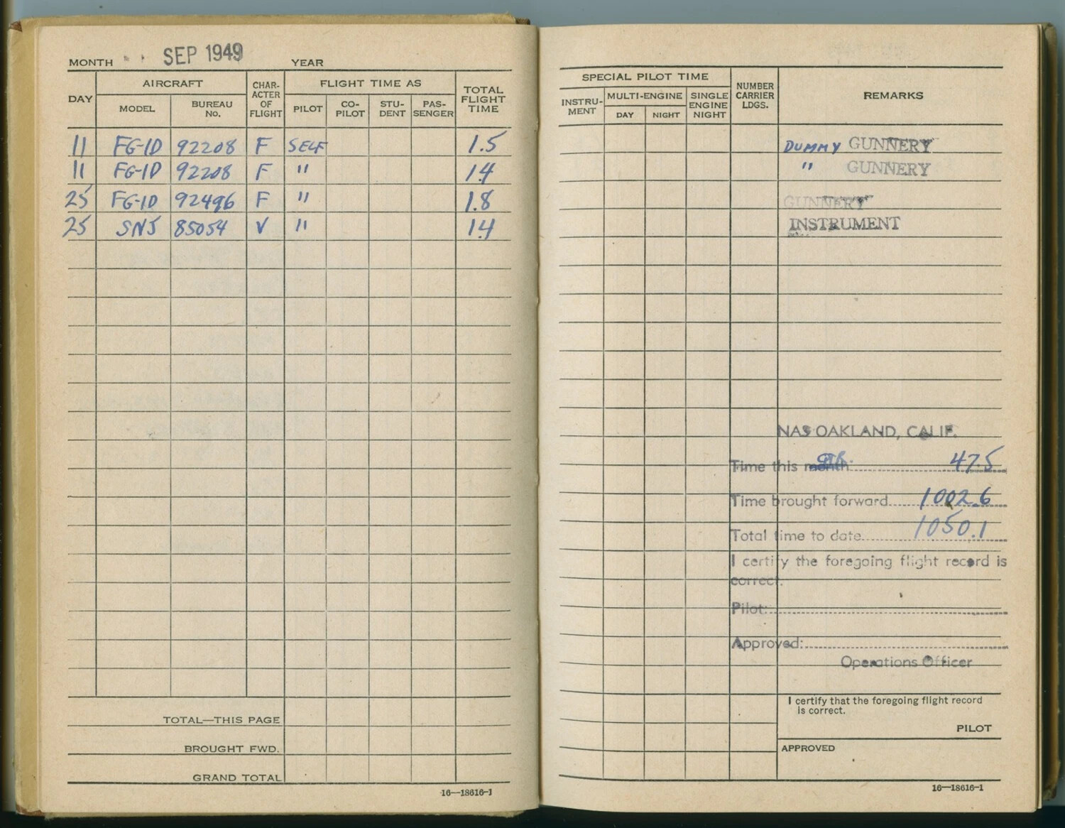 Pat McAleer Flight Logbook, September 1949, NAS Oakland, California