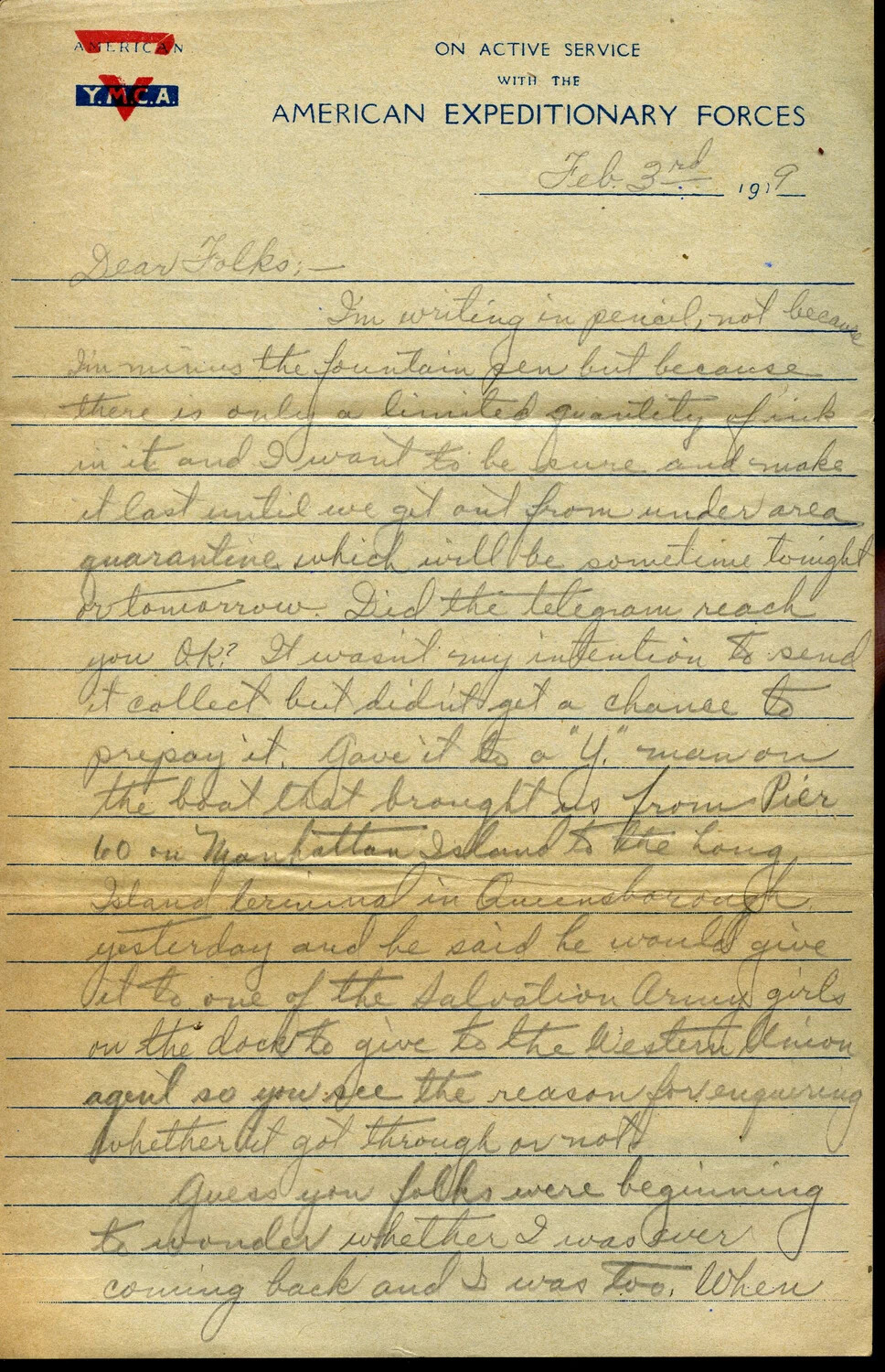 Handwritten Letter from Pvt. Willis W. Wagener to Family, February 3, 1919, YMCA A.E.F. Stationery